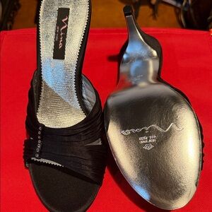 Nina Black Satin Heels with Rhinestone Detail